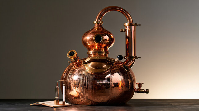A single copper pot still gleams in a minimalist distillery studio, condensation trailing its curves, a master distiller's logbook open beside a hydrometer, the lone object framed with precision sug