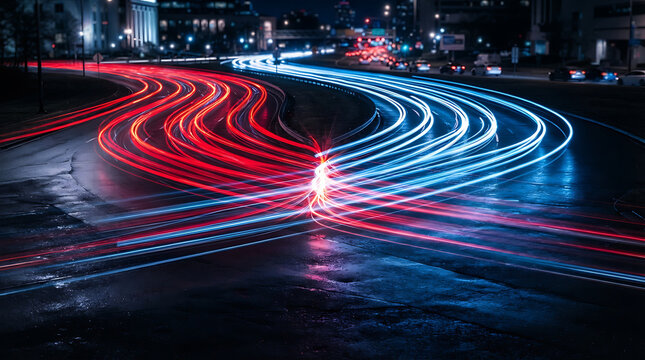 A long-exposure photograph of car lights at night creates striking streaks of red and blue light on a dark road. The red streaks curve slightly toward the center on the left