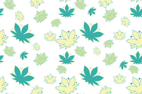 Seamless pattern background featuring stylized cannabis leaves with sparkle details. Cute and modern hemp floral design in turquoise, green, and pastel yellow over a clean white background.