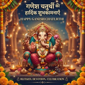 Ganesha statue celebration with devotional items