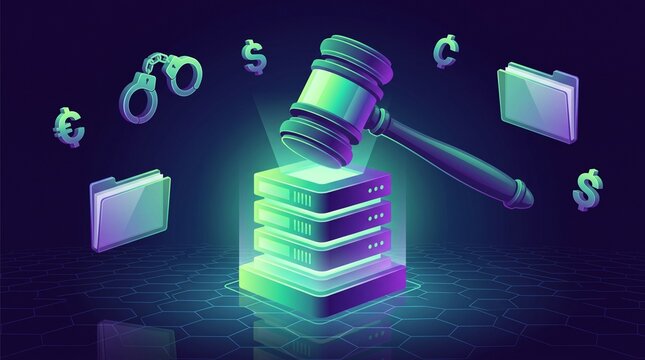 Isometric neon judge gavel striking a server stack representing digital cyber law, data protection regulations and online crime.