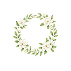 Fototapeta premium Watercolor Gardenia Floral Wreath with Elegant White Blooms and Lush Green Foliage