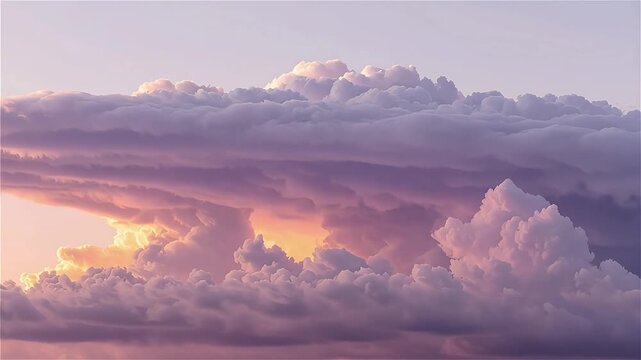 Breathtaking aerial timelapse of massive cumulonimbus cloud formations, golden sunset cloudscape, and dreamy pink twilight horizon.