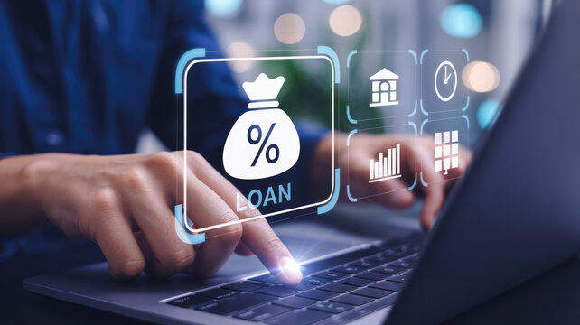 Professional hands operating laptop interface displaying financial loan application digital icons for modern banking solutions with using laptop glowing