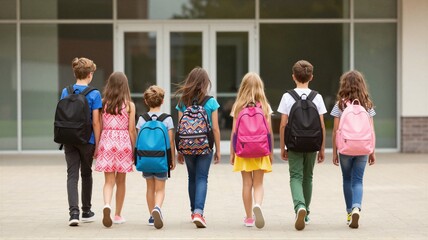 Obraz premium Seven schoolchildren walking toward glass entrance with colorful backpacks, casual summer clothes, and varied footwear on bright outdoor campus morning
