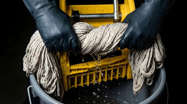 Professional cleaner wringing out a dirty wet mop in a bucket to clean