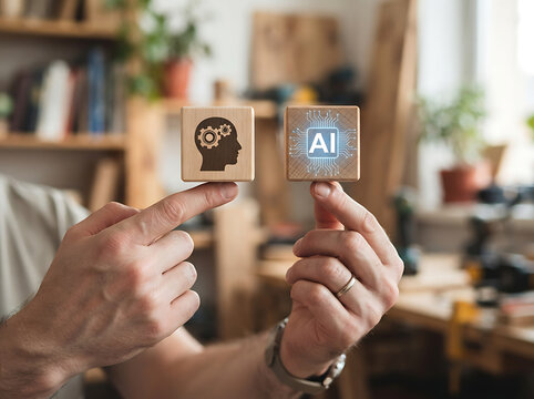 Person holding wood blocks with ai icons