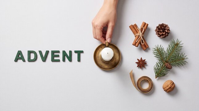 Advent Schriftzug mit Kerze im Messinghalter von oben