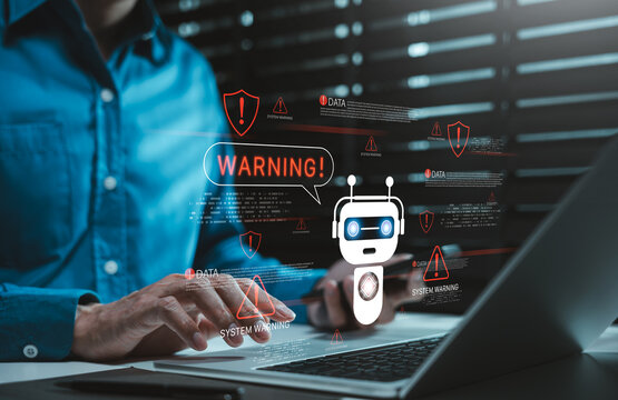 AI cybersecurity warning concept. Person using laptop with chatbot detects system threats, data breach alerts, malware risks, network errors, digital security issues, cyber awareness, error monitoring