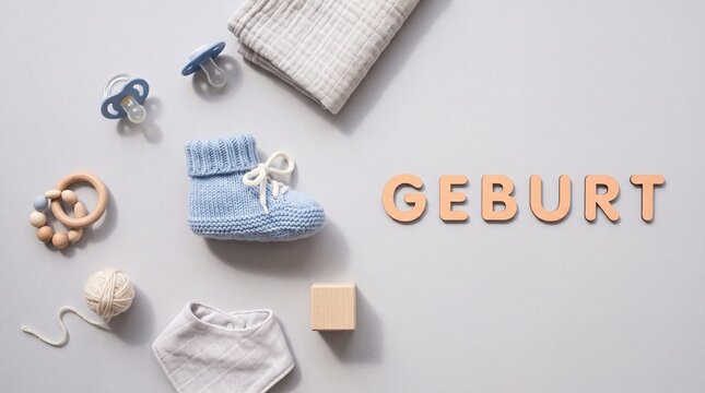 Geburt Schriftzug mit Babyschuhen und Erstausstattung von oben