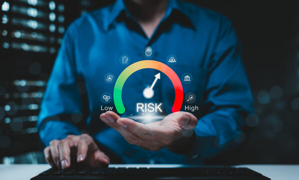 Risk assessment and management performance indicator gauge. Risk level gauge from low to high, performance evaluation, analysis, strategic planning, and decision-making process for business continuity
