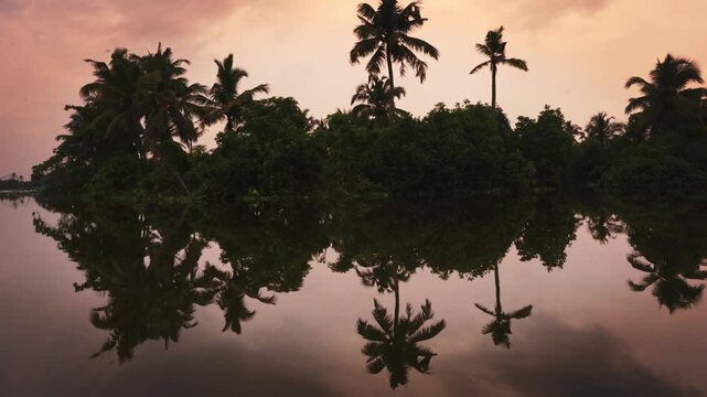 Beautiful boat ride through the serene backwaters of Kochi, Kerala, at sunset, surrounded by coconut palms, calm water, and lush tropical scenery, showcasing the peaceful beauty of South India.