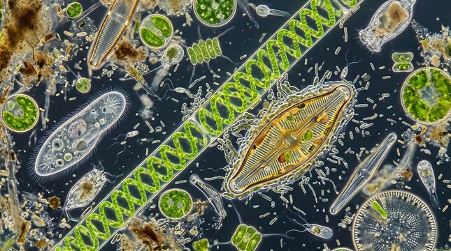 Microscopic view of algae and microorganisms in pond water with microorganism