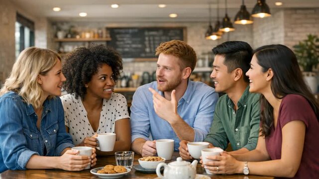 Five people sitting around a table with coffee and pastries, engaged in conversation.