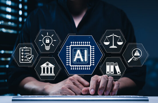 Artificial intelligence regulation and ethics concept. AI law ethics, Person typing on keyboard with interface showing AI chip, legal compliance, scale, justice, data protection for digital policy