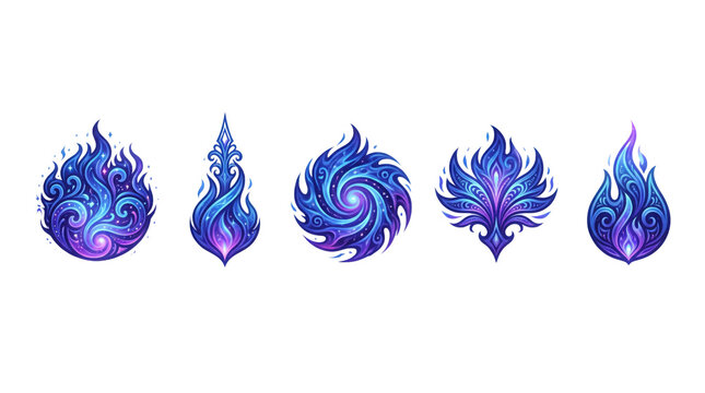 Mystical blue fire icons set, ethereal magic flame symbols, fantasy energy orbs and swirling cosmic fire elements for game design