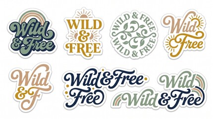 Obraz premium Boho wild and free sticker collection with sun and rainbow graphics in earth tones for digital planners and stationery design