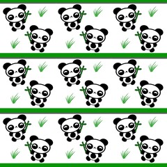Seamless kawaii panda pattern featuring cute bears, bamboo, and green grass borders.