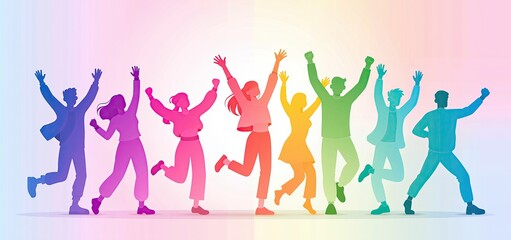 Fototapeta premium Animated characters celebrating World Happiness Day with bright colors and dynamic poses in a festive setting.