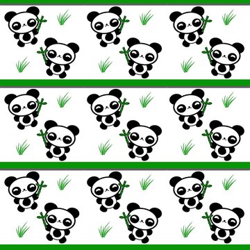Seamless kawaii panda pattern featuring cute bears, bamboo, and green grass borders.