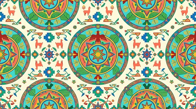 Andean folk art pattern with llamas and geometric mandalas