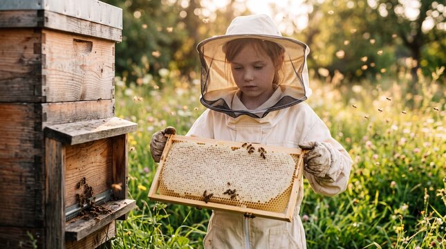 Child beekeeper inspecting honeycomb frame at beehive