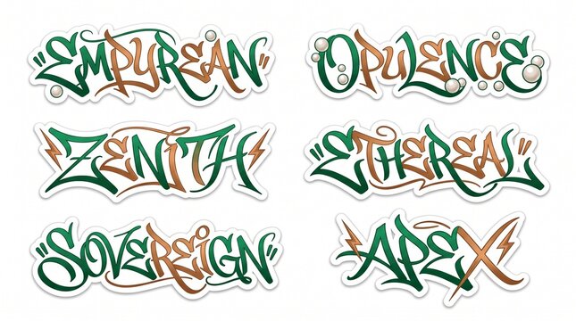 Collection of urban graffiti tag stickers in green and copper tones for street culture branding, apparel prints, and decal designs.