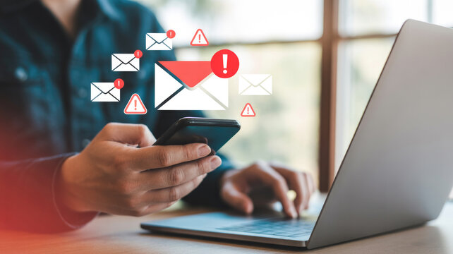 Professional managing urgent digital communication notifications via mobile device and laptop computer technology interface concept with using smartphone