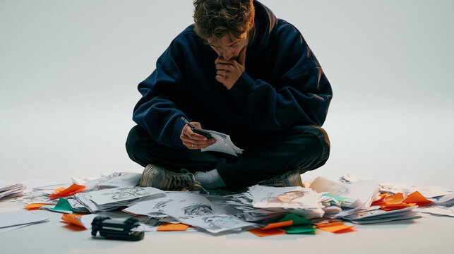 An animation studio artist sits cross legged on a sterile white cyclorama floor surrounded by hand drawn character sketches, caught in a completely unposed moment of self doubt and creative recovery