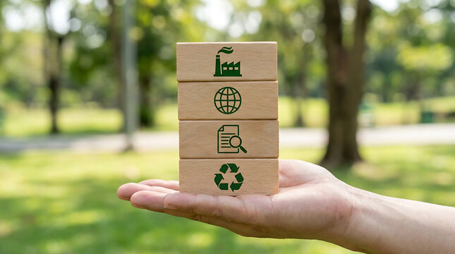 Wooden blocks with recycle symbol in hand