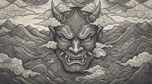 Japanese Hannya Demon Mask Illustration with Traditional Clouds and Mountain Landscape.