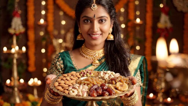 Smiling Indian woman in traditional attire holds a platter of dry fruits and nuts, celebrating a festival.