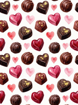 Valentine 202 Watercolor Seamless Pattern of Heart Chocolates with Gold Leaf, Truffles and Pink Hearts on White Background（白背景に描かれた金箔付きハート型チョコレート、トリュフ、ピンクのハートの水彩シームレスパターン）