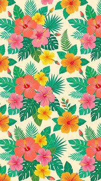 Seamless tropical hibiscus floral pattern with jungle leaves