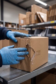 Warehouse worker inspecting damaged cardboard shipping box in industrial storage facility area