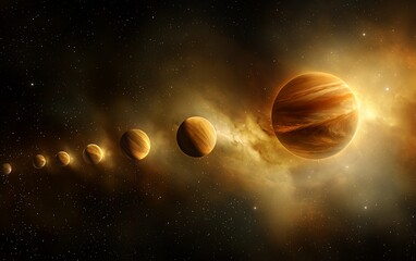Planets orbiting a bright star in a nebula.