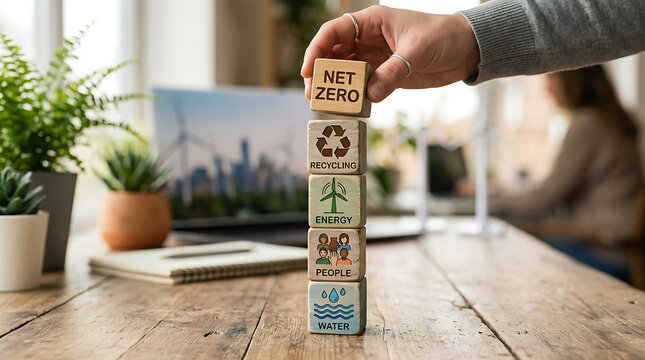 Person stacking wooden blocks in office