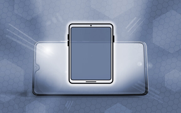 Innovatives 3D-Smartphone mit futuristischer Tablet-Grafik auf blauem Technologie-Hintergrund, ideales Konzept f&uuml;r digitale Kommunikation, moderne Medien und vernetzte Netzwerke im B&uuml;ro.