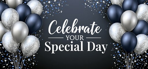 Fototapeta premium Dark backdrop adorned with sparkling silver and navy balloons, confetti, and elegant birthday greeting banner.