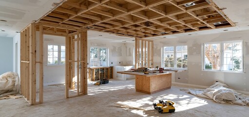 Home remodeling featuring exposed wood framing and drywall work in a well-lit, organized construction area.