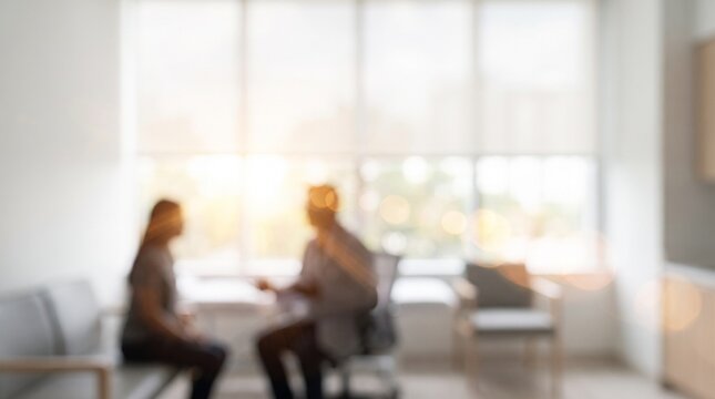 Blurred view of a professional medical consultation between a doctor and patient in a bright modern clinical healthcare office environment