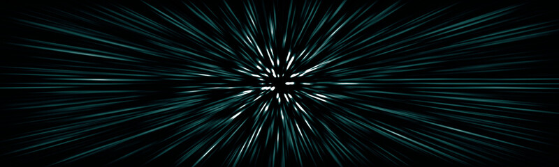 Fototapeta premium Cyan light streaks zoom effect abstract background for digital space travel and fast motion design.