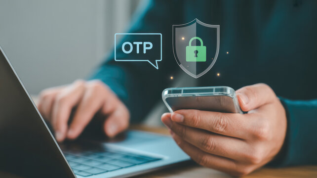 Person authenticating secure digital access using smartphone and laptop with multi factor verification symbols displayed with digital security icons