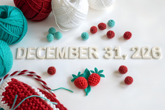 Knitted text december 31 surrounded by yarn balls and handmade strawberries