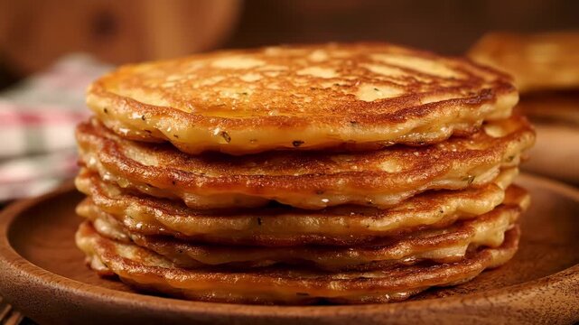 Stack of golden brown pancakes drizzled with sweet maple syrup, served high on a rustic wooden plate for a delicious and indulgent breakfast or dessert.