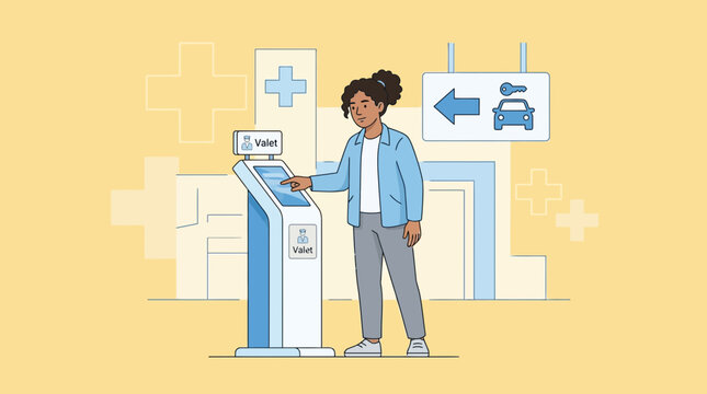 Woman using valet kiosk at hospital, car parking service, isolated