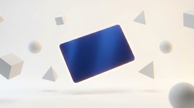 Floating blue credit card mockup with 3D geometric shapes on light background.