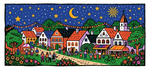 Fototapeta premium At night in a rustic village, a lively community enjoys a traditional June festival with vibrant folk art and decorations.