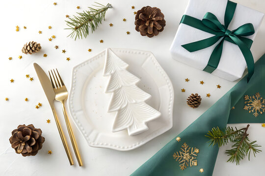 Christmas dinner table setting with white plate and pine cones, christmas