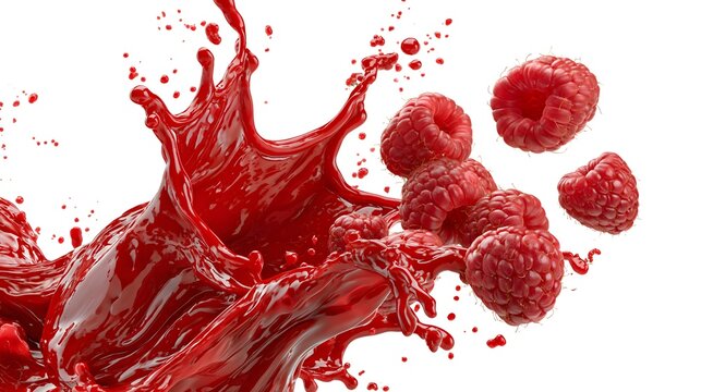 Dynamic macro photo of juicy raspberries exploding through a wave of red nectar. Perfect header background for commercial juice cartons and drink branding.